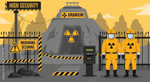 Illustration of uranium mining facility with high security and hazmat personnel, showing the