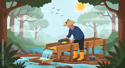 Illustration of a Gold Panner in a Forest, Mining Gold from a River using Traditional Gold Panning