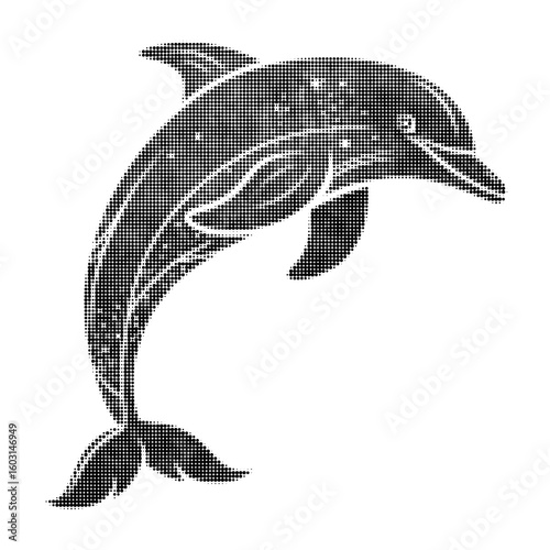 Halftone dolphin illustration in vintage engraving style, marine animal vector artwork white for vintage marine art, retro designs, prints, and collages