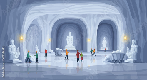 Spectacular icy cave interior illustration with statues and small visitors admiring its architecture