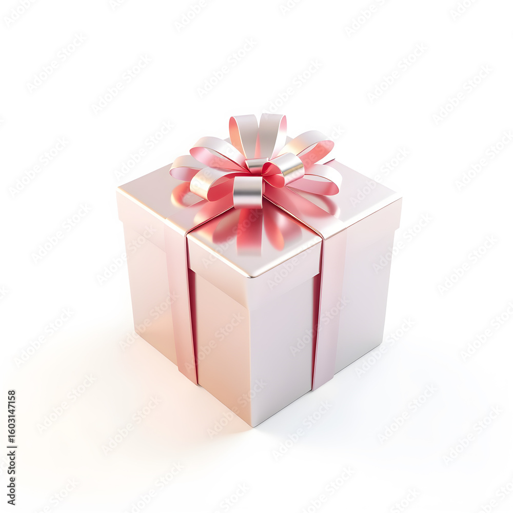Fototapeta premium Gift present box, 3D illustration, metallic material, soft reflections, white background. Generative AI