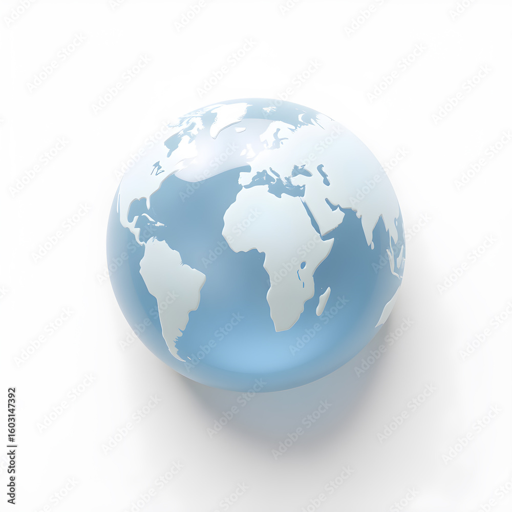Naklejka premium Globe with airplane, 3D illustration, metallic material, soft reflections, white background. Generative AI
