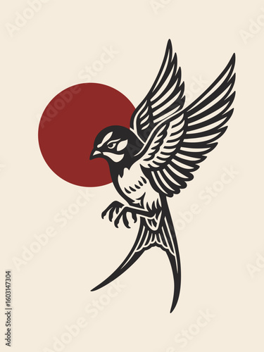 Swallow bird bold engraving style with red sun vector illustration