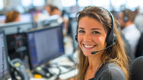 A customer service representative talking on a headset, smiling and helping a client, in a modern call center setting.