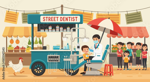 Animated illustration showcasing a street dentist providing dental care in a market setting