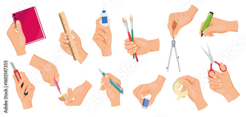 Set of hands holding different stationery, school and art tools in flat cartoon style on white background. Concept of education and creativity. Vector illustration
