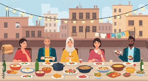 Diverse group enjoying a rooftop feast, celebrating unity and cultural connection under the city