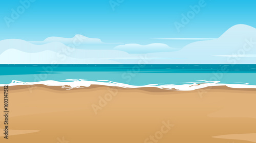 Tropical beach with soft waves, golden sand, and a calm sea under a clear blue sky. Vector illustration.