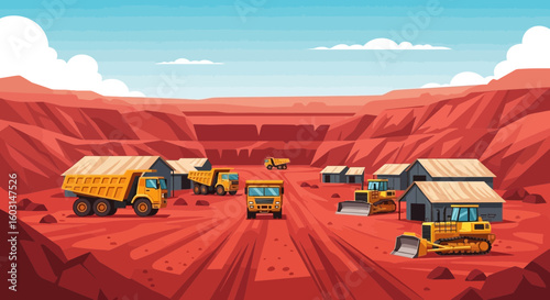 Open pit mining operation featuring heavy machinery and earthmoving equipment in a red landscape