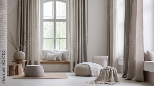 soft minimalist interior with linen curtains, cotton throws, neutral beige palette, natural light, calm 