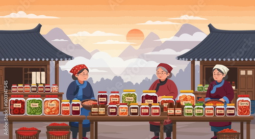 Traditional korean marketplace illustration with pickled food and elderly women merchants