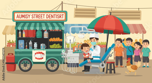 Humorous depiction of a mobile dental clinic offering street dentistry services