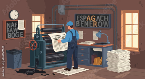 Retro Printing Press Cartoon Illustration featuring a Worker Examining Headlines