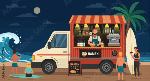 Coastal Ramen Truck Scene with People Enjoying Food and Surf Culture at Night