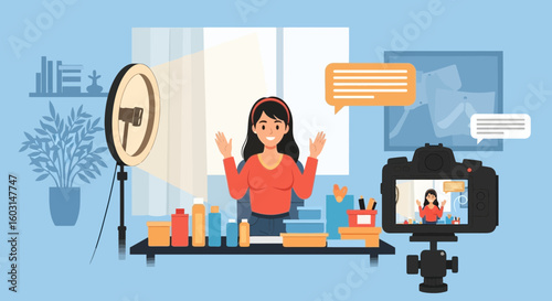 Female beauty blogger recording video with camera and ring light setup