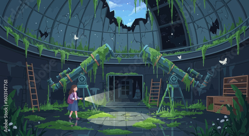 A captivating illustration of a young girl exploring an abandoned observatory, filled with