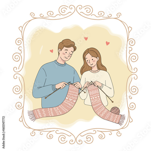Young couple knitting together with love in cozy indoor setting  