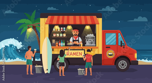 Vibrant beachside ramen food truck scene offering delicious noodles under starry skies
