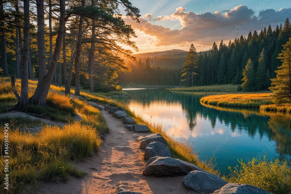 Obraz premium Golden Glow Hike: Elevated Views Along Enchanting Forest Trails and a Tranquil Lagoon