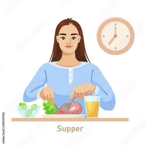 Woman in blue eating supper with fish, salad, broccoli, and juice. A clock on the wall shows time. Healthy meal concept. Vector illustration