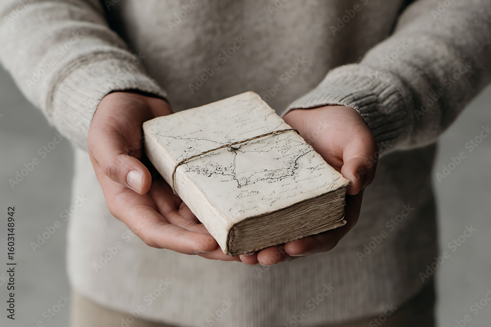 Fototapeta premium vintage book collection, close-up of someone holding an old novel with a worn cover and hand-written annotations
