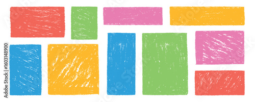 Set of colorful square and rectangle text boxes  with rough crayon texture. Hand drawn geometric shapes in playful, childlike style. Memo frames, sketchy banners, cute stickers and notes. 