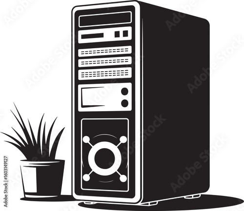 Black computer tower and potted plant desktop technology