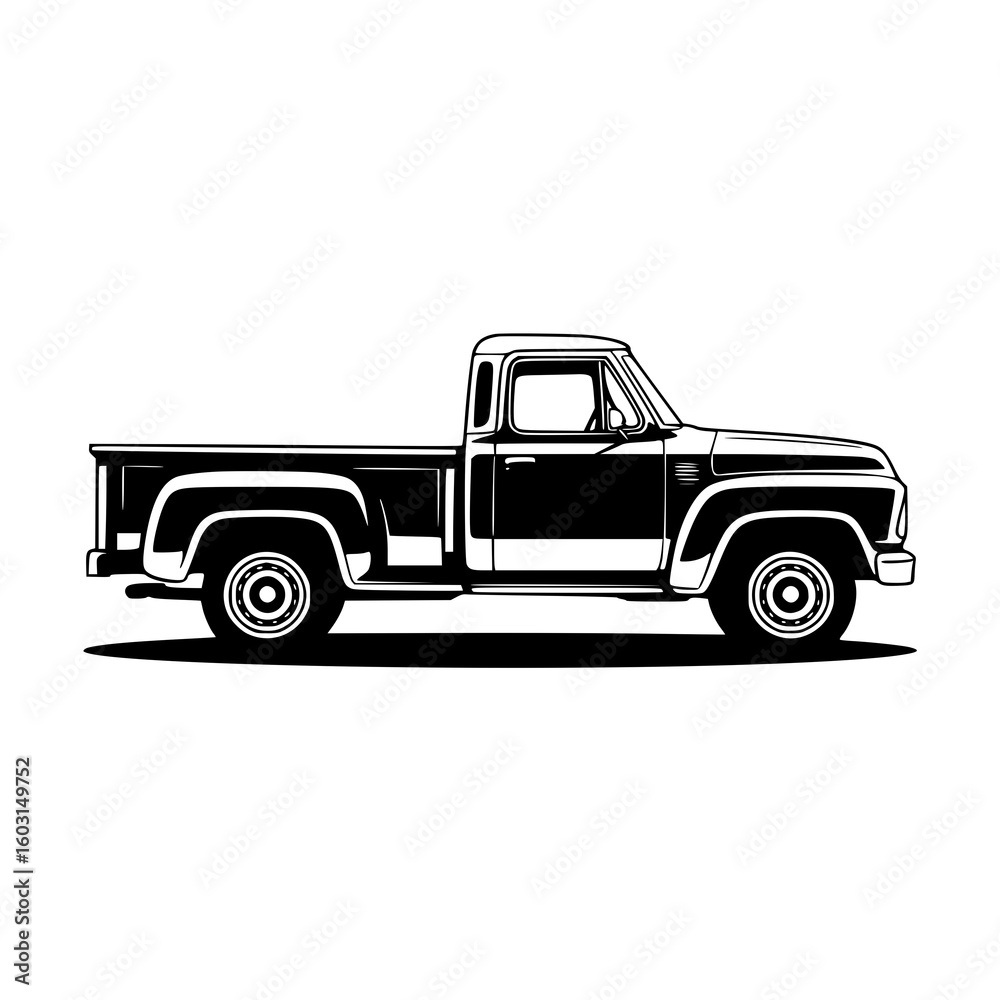 Fototapeta premium Classic Pickup Truck: A bold monochrome line art illustration showcases a vintage pickup truck, its sleek design and strong silhouette standing out against a white background.
