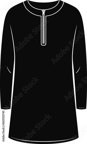 Technical flat sketch of women’s long sleeve tunic with front zipper placket, round neckline, relaxed fit, black silhouette, white line vector garment design template.