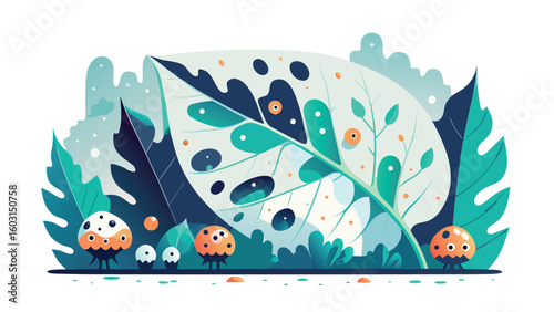 Eco-cute vector illustration of decomposing leaf with cute soil microfauna and fungi, green and blue palette, symbolizing biodiversity and healthy ecosystem concept