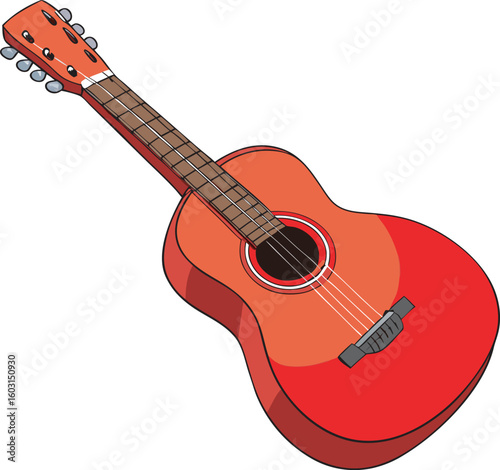 A vibrant red acoustic guitar is presented as an isolated object on a clean white background, showcasing its musical form.