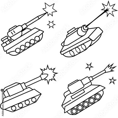Firing Tank Icon – Outline Vector Illustration of Military Armored Vehicle in Action