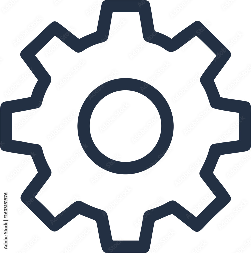 A single black outline vector icon representing settings or gears isolated on transparent background A single black outline vector icon representing settings or gears isolated on transparent background