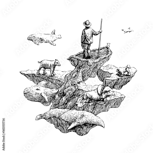 Man standing on floating islands with animals in black and white ink illustration style drawing art