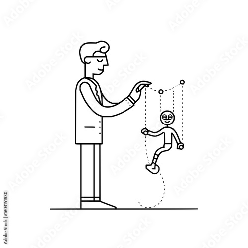Illustration of a man controlling a puppet with strings attached to its limbs and head, black outline