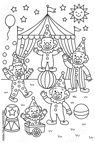 Circus clowns coloring page for kids. Funny clowns performing with tent, balloons, stars, and props in cute cartoon style.