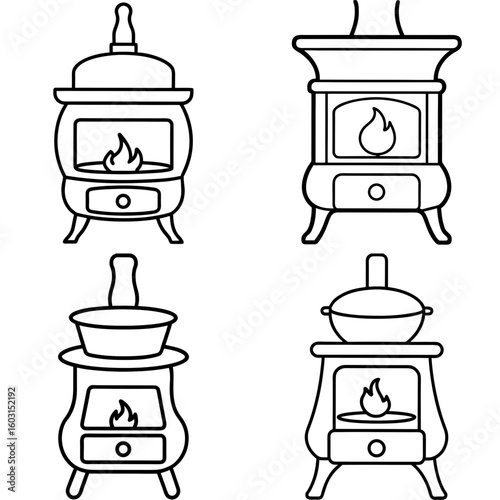 Old Wood Burner Icon – Outline Vector Illustration of Vintage Heating Stove