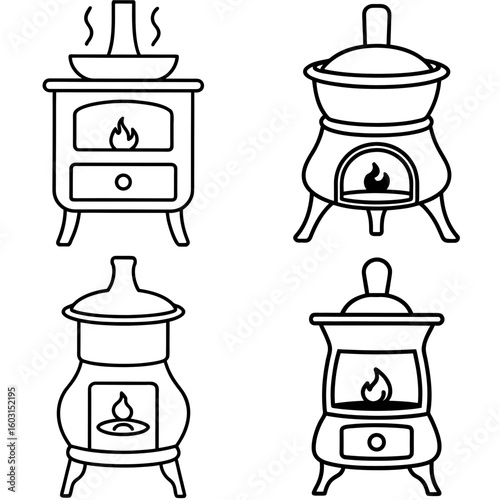 Old Wood Burner Icon – Outline Vector Illustration of Vintage Heating Stove
