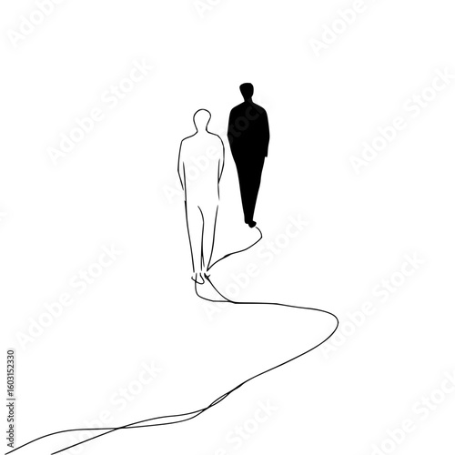 Two figures one outlined and one solid black walking with a line trailing behind them on white ground