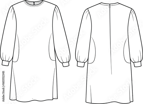 Technical flat sketch of long sleeve women’s tunic dress with gathered cuffs, crew neck, side pockets, back opening, black and white vector fashion illustration

.
