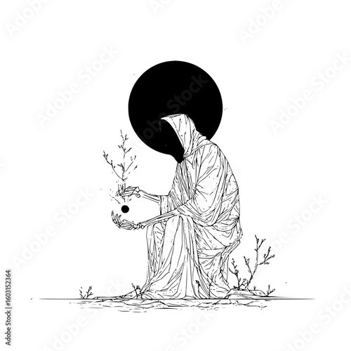 Grim reaper figure in draped cloak holding a plant and orb with black sun behind in line art style