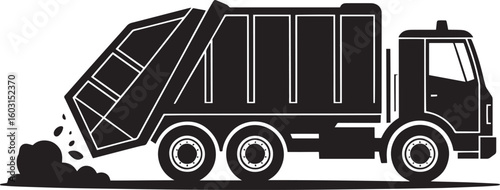 Black garbage truck collecting waste with white outline collection vehicle