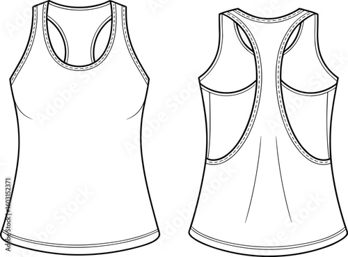Technical flat sketch of women’s racerback tank top, sleeveless athletic shirt with scoop neck, curved hem, black and white vector outline, activewear design template.