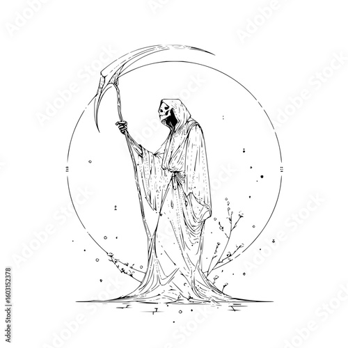 A sketch of the grim reaper with a scythe standing in front of a circle with flowers and stars