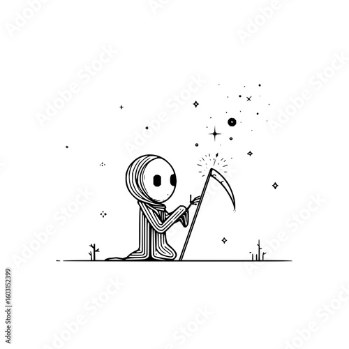 Stylized grim reaper figure with scythe under a starry sky in minimalist black and white drawing