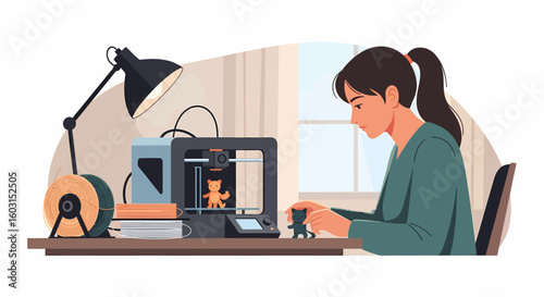 A woman crafting with a 3D printer, creating toys at home.