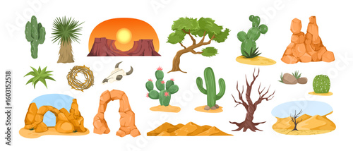 Various desert plants, trees, bones, and rock formations in cartoon style on white background. Concept of arid ecosystem and environment. Vector illustration