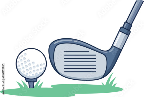A cartoon illustration of a golf ball on a tee next to a golf club on a patch of green grass
