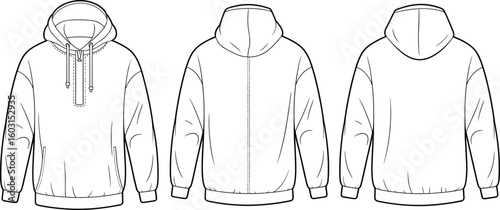 Hooded sweatshirt front and back illustration, fashion design sketch, zipper and pocket details, stylish outerwear template for clothing presentation