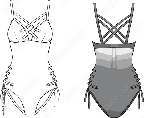 One-piece swimsuit flat sketch, front and back views, women’s fashion swimwear, strappy lace-up swimsuit, technical drawing, vector fashion template